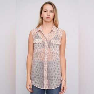 EQUIPMENT | Silk Sleeveless Sheer Leopard Print Blouse in Blush Pink